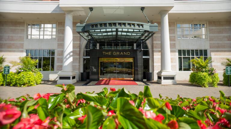 The Grand front entrance with flowers